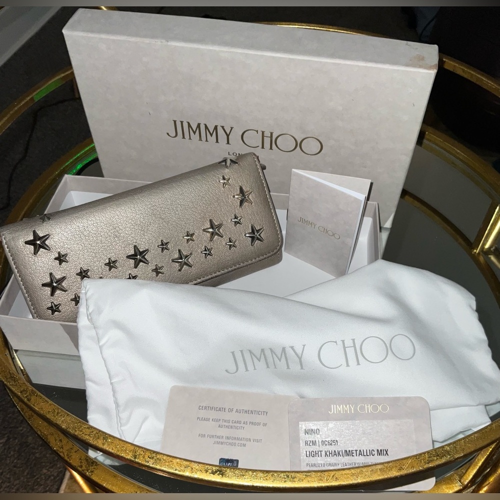 Jimmy Choo NINO Star Studded Wallet Light Khaki Metallic Mix Full Inclusion